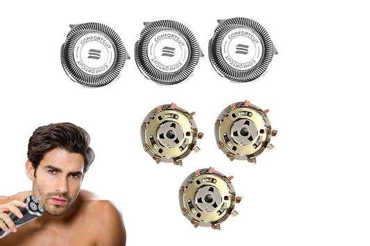 Replacement shaver blade heads, three circular foils with comfort text, metal backing