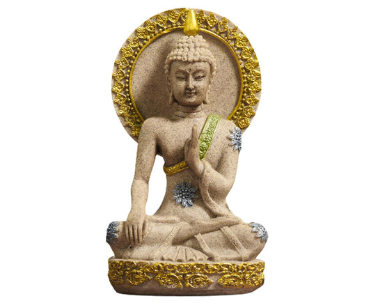 Golden meditation Buddha ornament, seated cross-legged with hands together and ornate halo