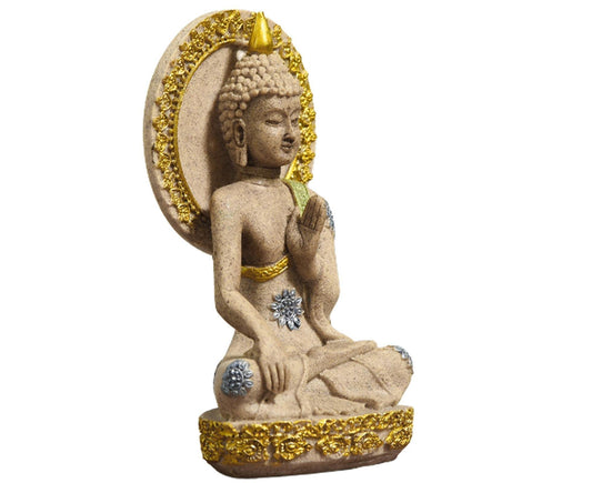 Golden meditation Buddha ornament, side view with hands clasped and patterned robe