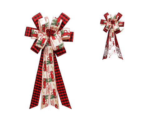Christmas bow pendant with red-and-black buffalo plaid ribbons and cream holiday print center
