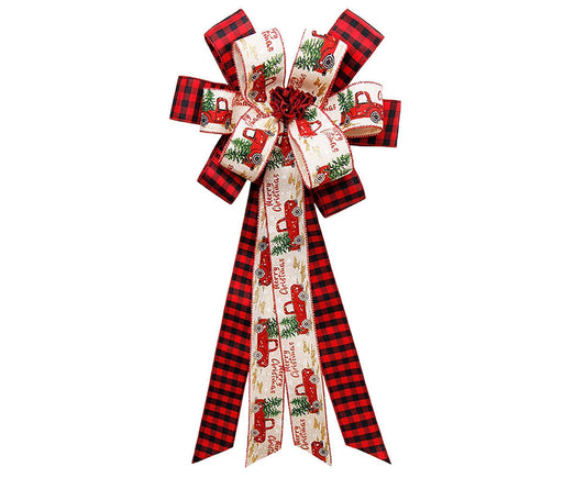 Christmas bow pendant with long red-and-black plaid tails and cream printed center