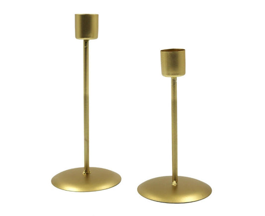 Golden metal candlestick holder set, tall slim stem with round weighted base