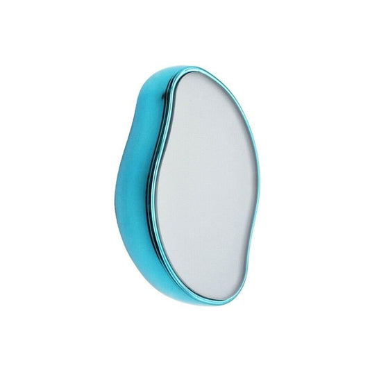 Blue handheld hair eraser epilator with oval treatment head and chrome rim.