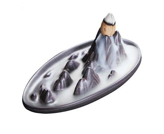 Ceramic backflow incense burner with waterfall lotus tray and incense cone