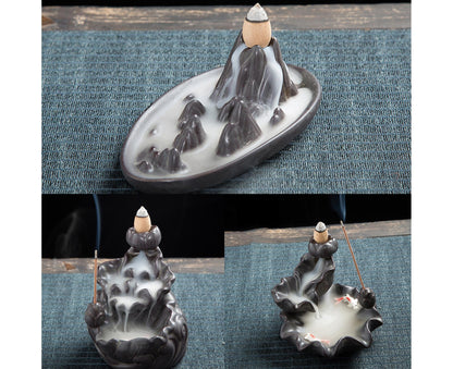 Teahouse Waterfall Lotus Backflow Incense Burner Ceramic Censer Home Decoration- C