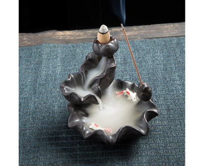 Teahouse Waterfall Lotus Backflow Incense Burner Ceramic Censer Home Decoration- C