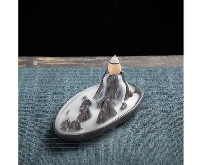 Teahouse Waterfall Lotus Backflow Incense Burner Ceramic Censer Home Decoration- C