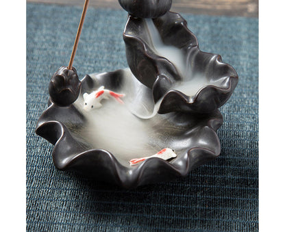 Teahouse Waterfall Lotus Backflow Incense Burner Ceramic Censer Home Decoration- C