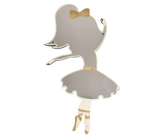 Ballet girl wall mirror with gray reflective surface, gold bow, and ballet dress