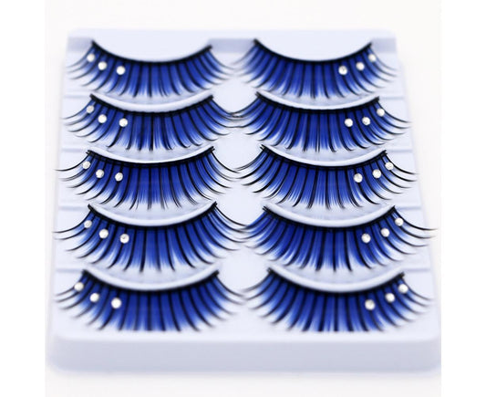 Blue glitter rhinestone artificial eyelashes set, multiple pairs on tray.