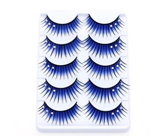Blue glitter rhinestone artificial eyelashes set with five pairs in clear tray.