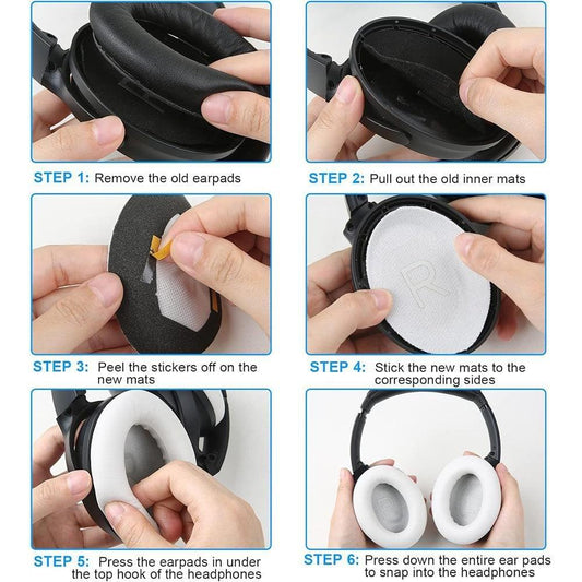 Ear pad replacement steps showing hands removing and installing cushioned pads