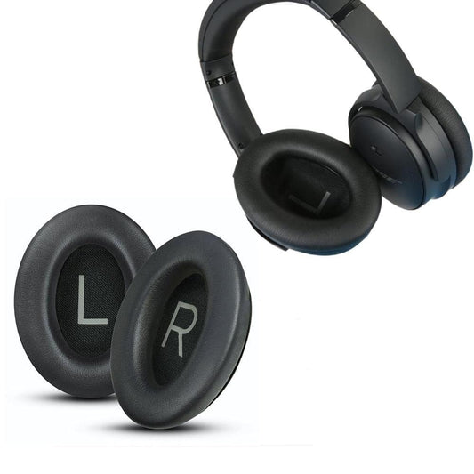 Black replacement ear pads pair for Bose QC45 headphones, with L and R marks