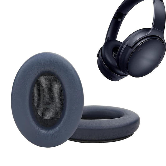 Pair of replacement ear pads in navy blue leatherette with speaker-side mesh inserts