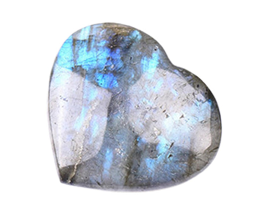 Heart-shaped stone with silver-gray body and soft blue shimmer, decorative decor