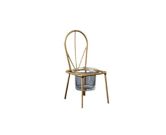 Iron chair candle holder with clear glass cup, gold finish, tall arched back