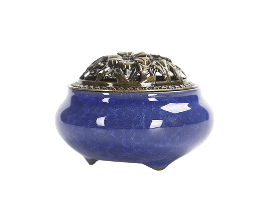 Ceramic incense burner holder with dark blue crackle glaze and ornate golden lid