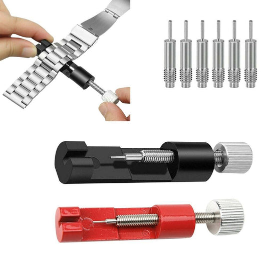 Watch band link pin remover kit with black and red tools and extra pins