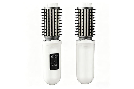 Cordless 2-in-1 hair straightener brush in white with dual barrels and LCD screen