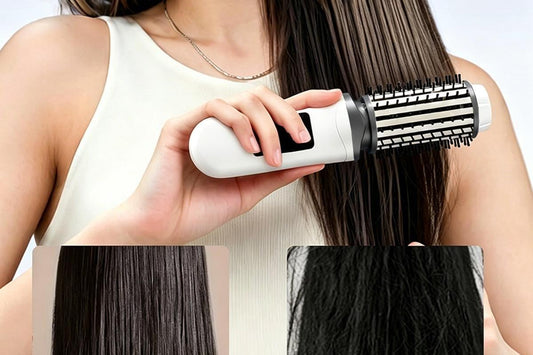 White cordless hair straightener brush with rotating barrel brushing through hair