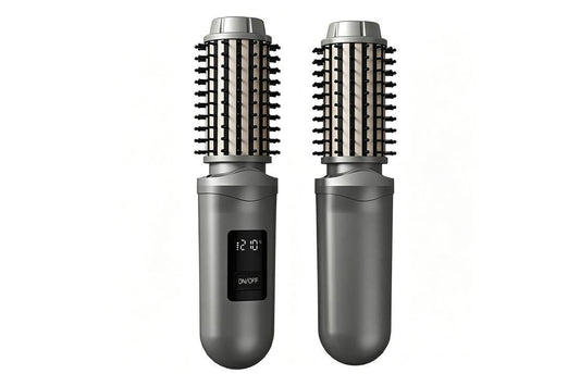 Grey 2-in-1 cordless hair straightener brush and curling iron with LCD display