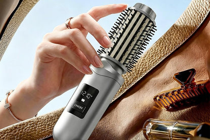 2 in 1 Cordless Hair Straightener Brush Curling Iron with LCD Display-Grey
