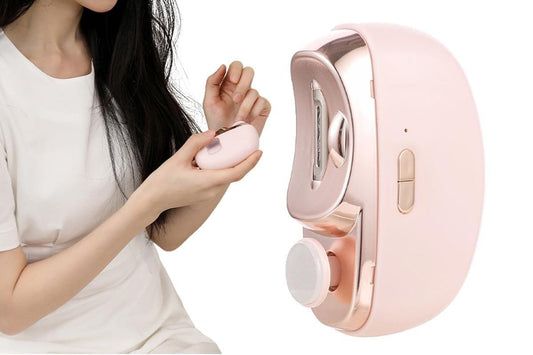 Pink 2-in-1 electric nail clipper and polisher with rotating filing head