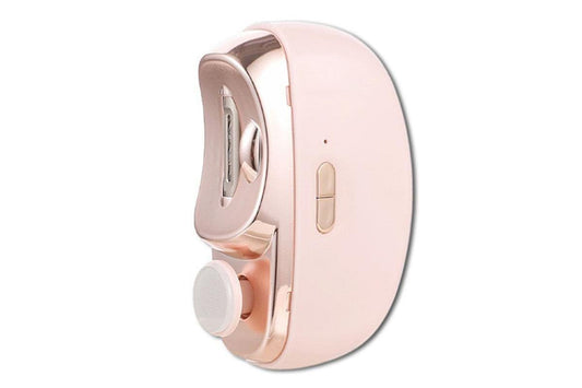 Pink electric nail clipper and polisher device with open polishing compartment