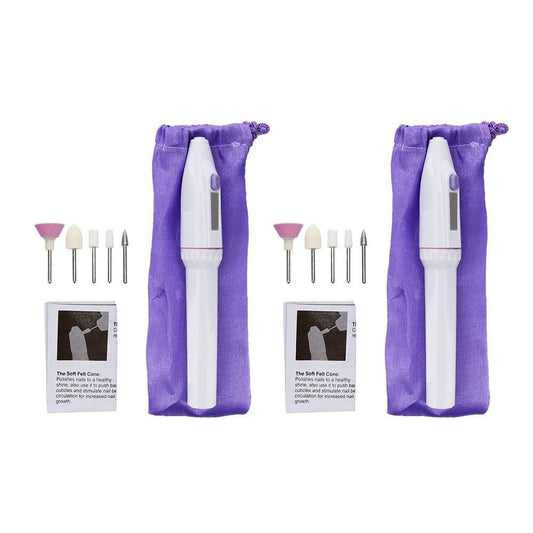Electric cordless nail drill kit with purple storage bags and five sanding bits