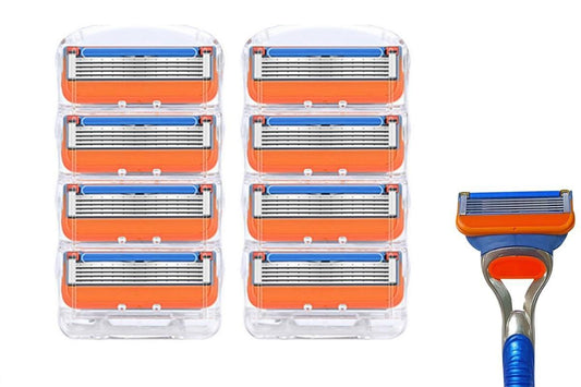 Razor blade refills in clear plastic pack, orange and blue cartridges.