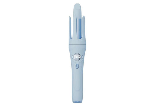 Wireless rotating hair curler wand in light blue with dual barrel openings