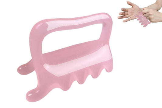Pink handheld massager tool with arched frame and soft ridged bottom