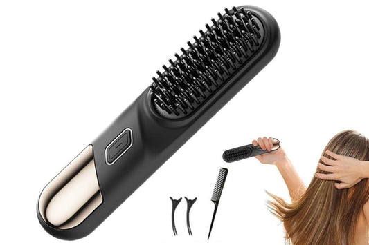 Black mini hot comb hair straightener brush with rounded bristles and control button