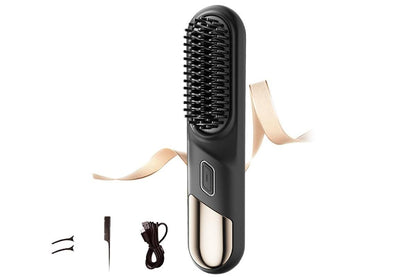 Cordless Hair Straightener Brush Mini Hot Comb for Women Anti-Scald Protection -Black