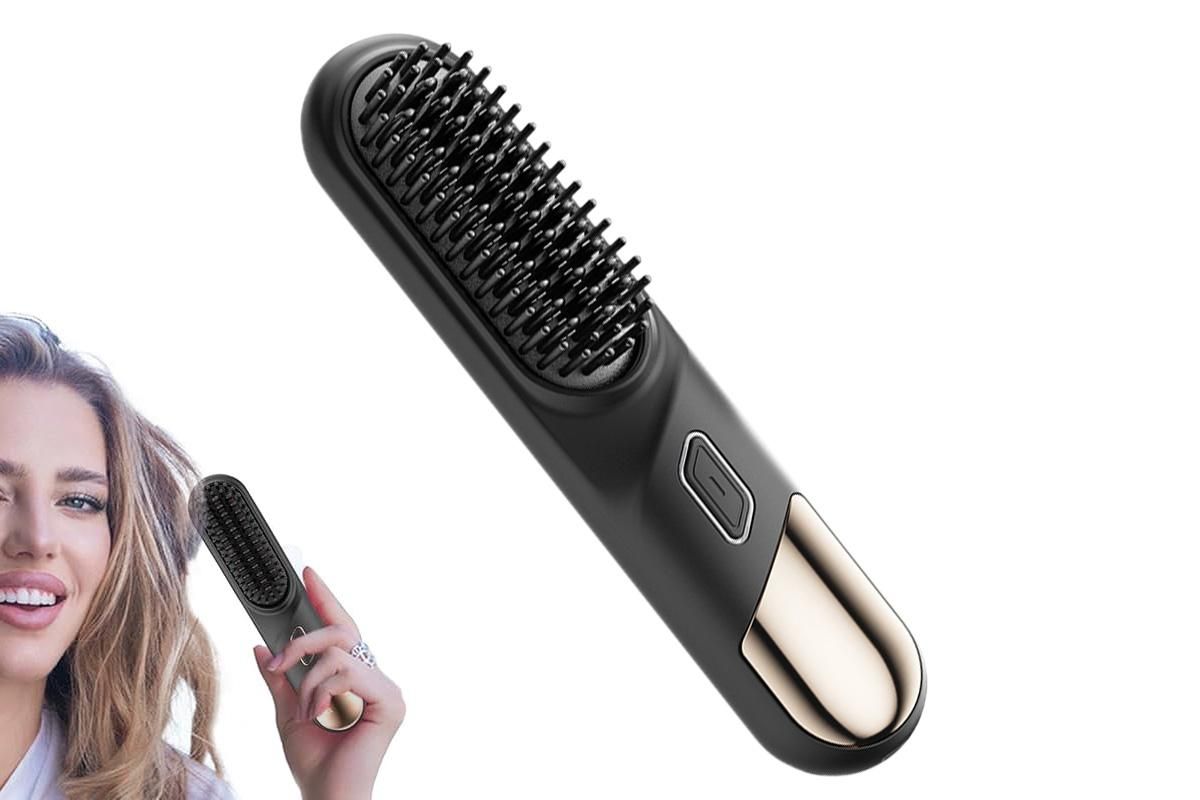 Cordless Hair Straightener Brush Mini Hot Comb for Women Anti-Scald Protection -Black