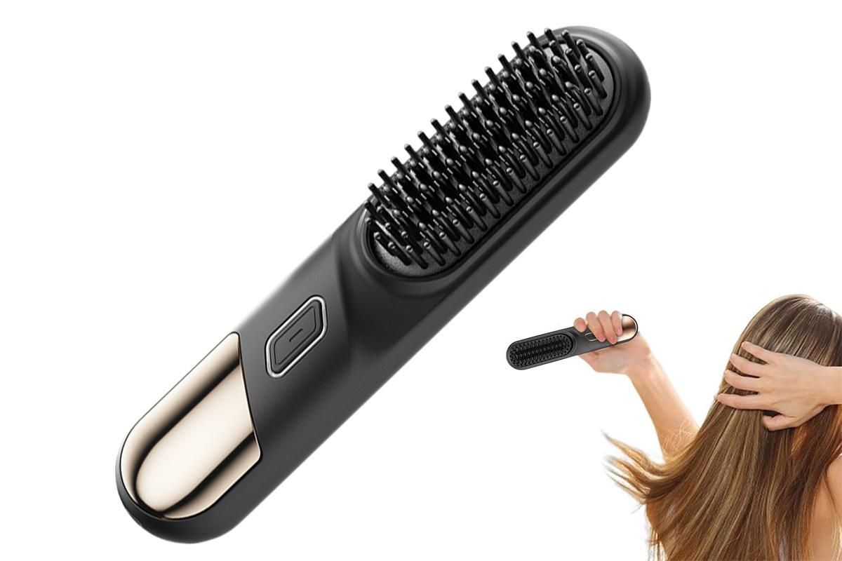 Cordless Hair Straightener Brush Mini Hot Comb for Women Anti-Scald Protection -Black