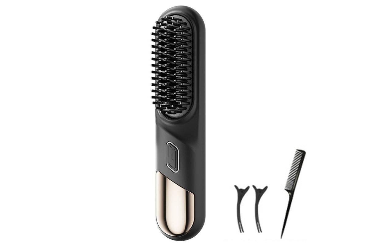 Cordless Hair Straightener Brush Mini Hot Comb for Women Anti-Scald Protection -Black