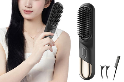 Cordless Hair Straightener Brush Mini Hot Comb for Women Anti-Scald Protection -Black