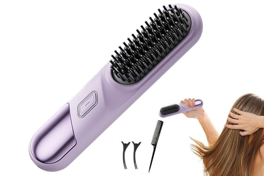 Purple mini hot comb hair straightener brush with black bristles