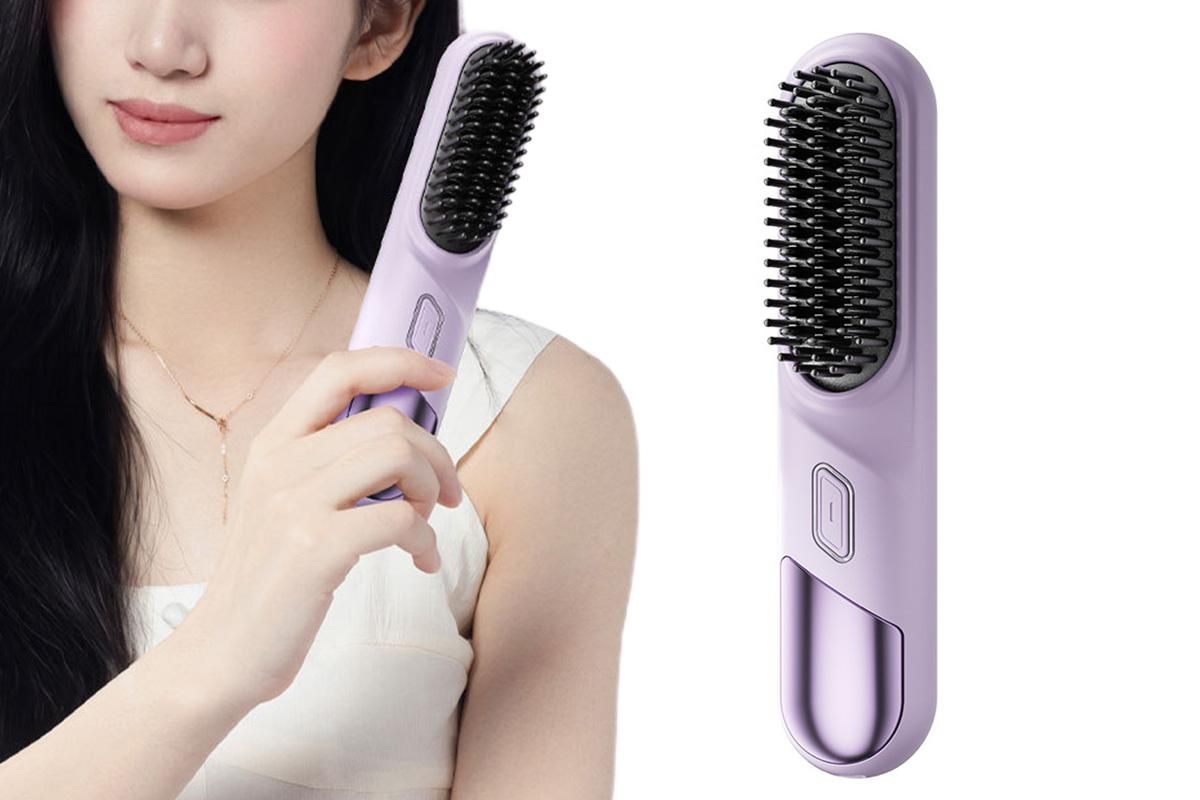 Cordless Hair Straightener Brush Mini Hot Comb for Women Anti-Scald Protection -Purple
