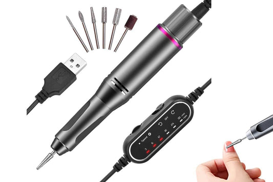 Cordless nail drill with gray body, sanding bits, and digital control handle