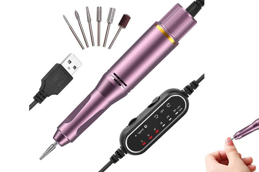 Purple electric nail drill with sanding bits, USB cable, and speed control panel