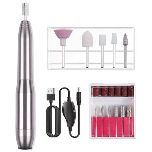 Cordless electric nail drill kit with silver handle, USB cable, and bit set case