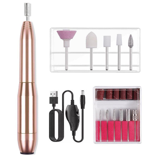 Electric nail drill kit in rose gold with USB cable and multi-bit storage case