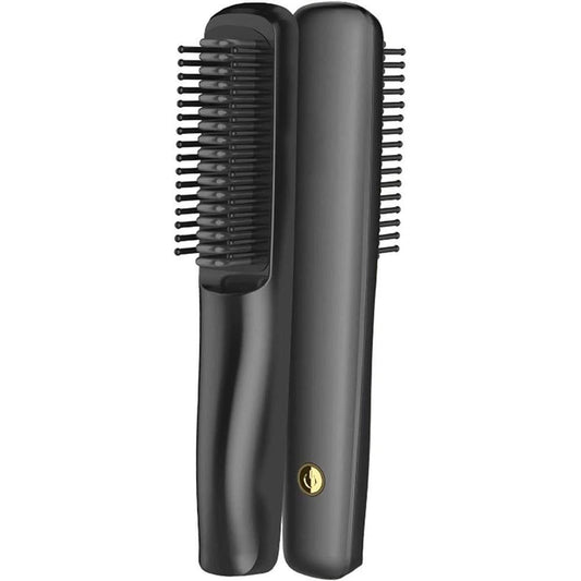 Black electric hair straightener brush with comb bristles and smooth handle