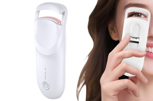 White heated eyelash curler with hinged heated clamp for curling lashes