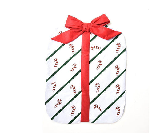 Gift-shaped chair protective cover, white with candy cane stripes and red bow ribbon