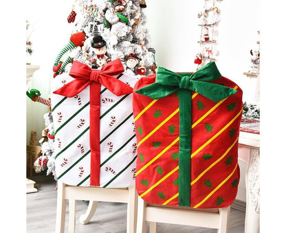 Gift Package Shape Chair Protective Cover Christmas Home Restaurant Decoration-White