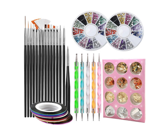 Nail art set with detail pens, rhinestone wheels, and gold-tone gem decals