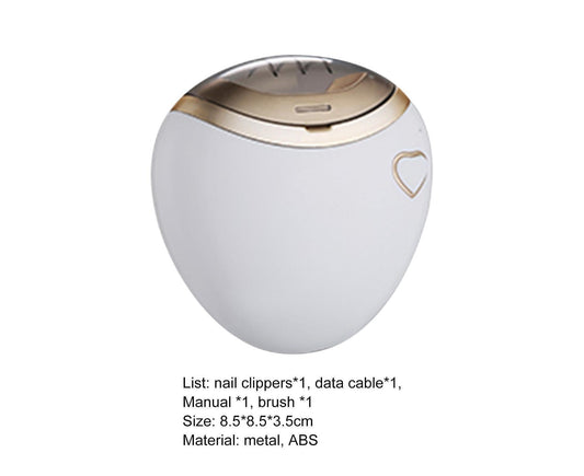 White electric fingernail clipper front view with gold-toned control top